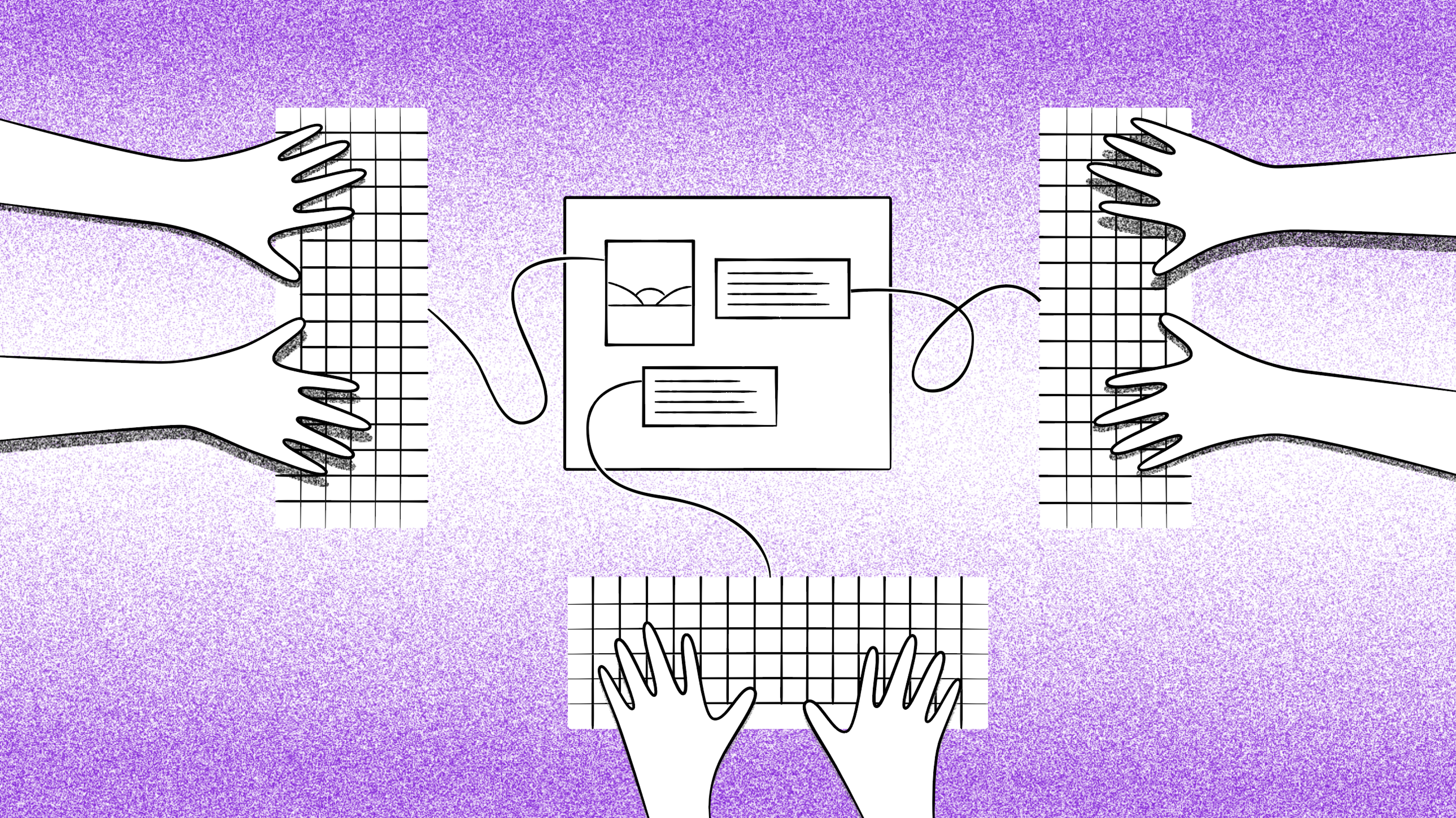 Illustration of different people typing on keyboards