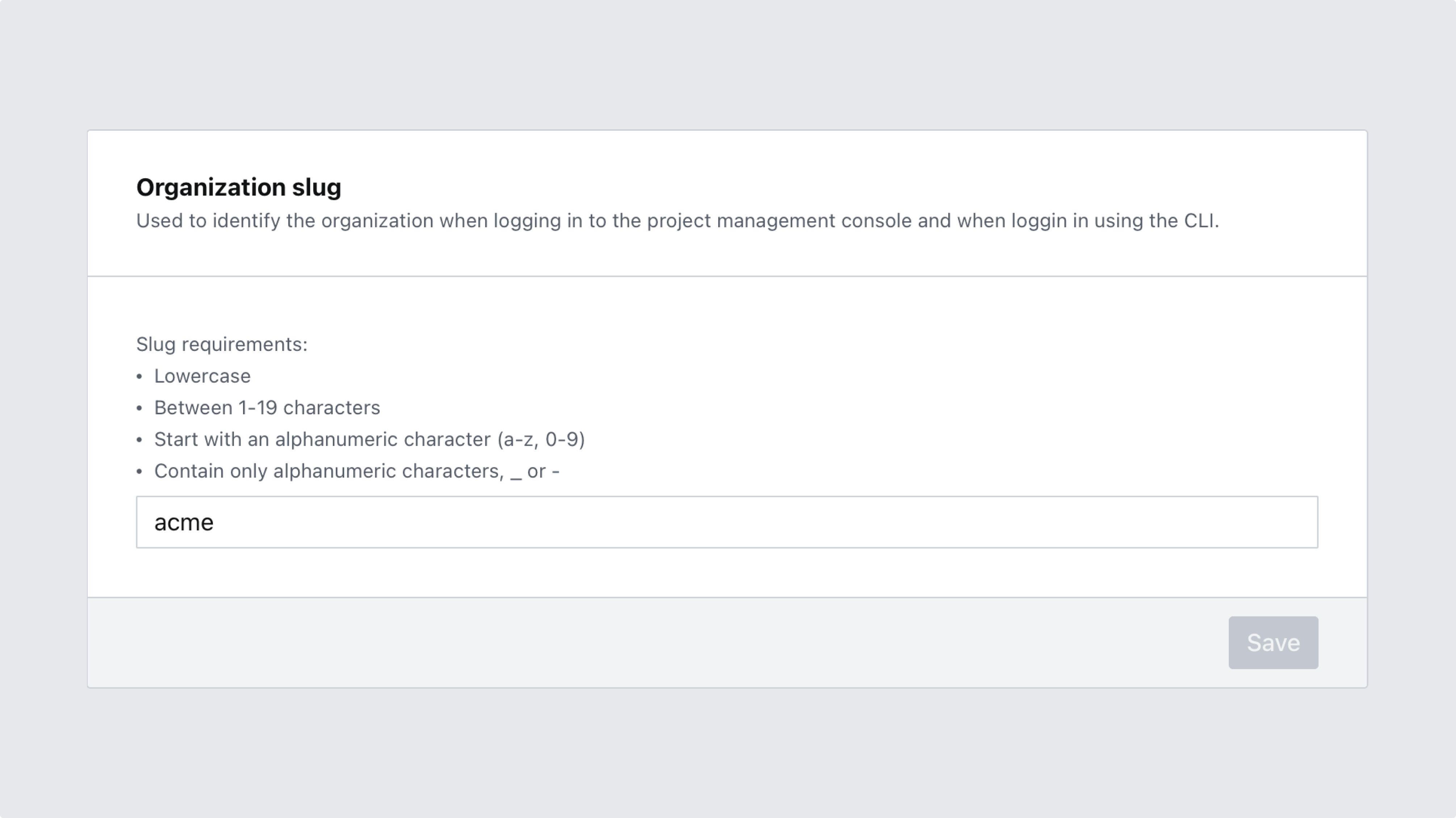 The Sanity Manage form for specifying a slug for an organization.