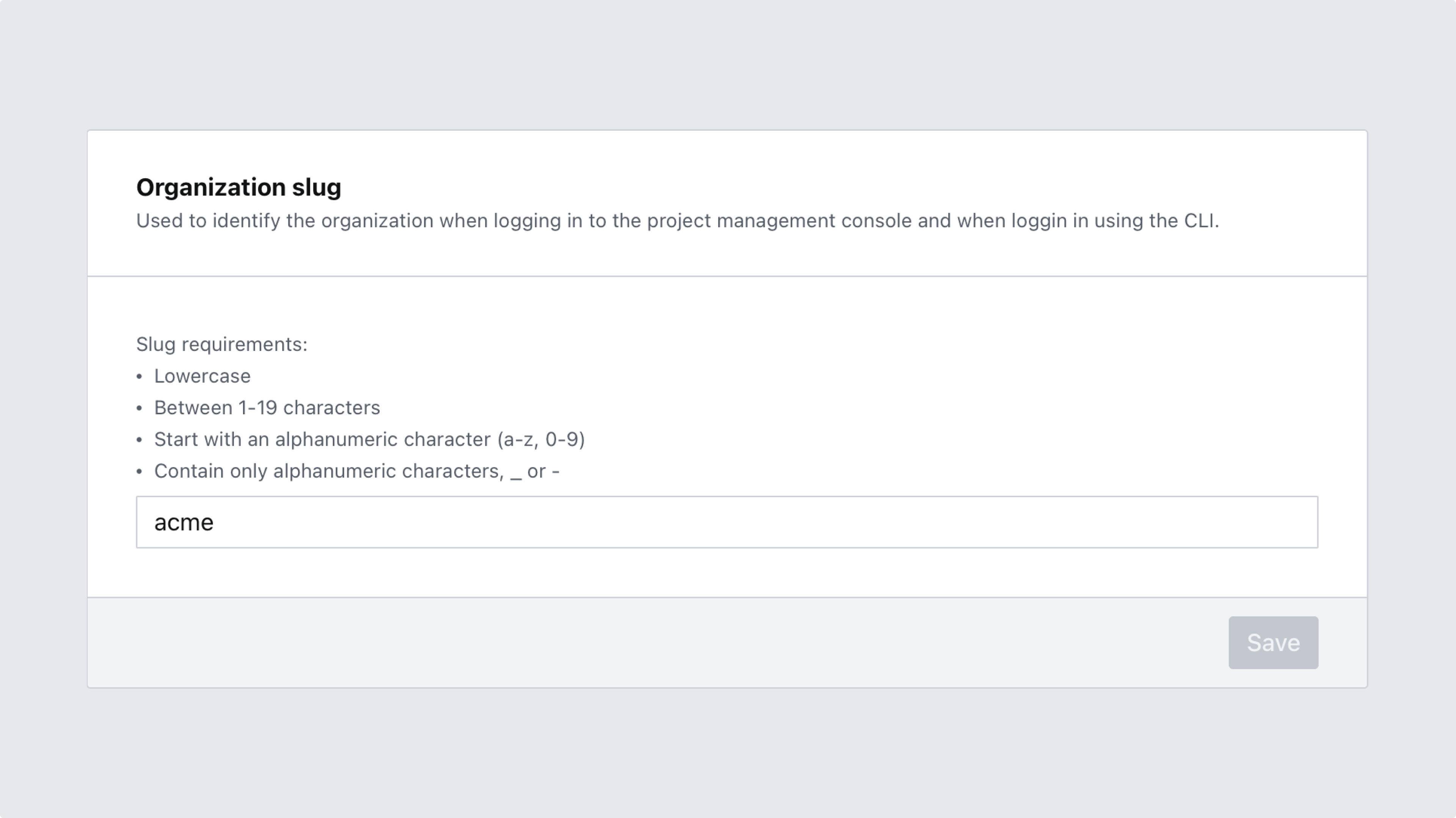 Shows the UI for specifying a slug for an organization