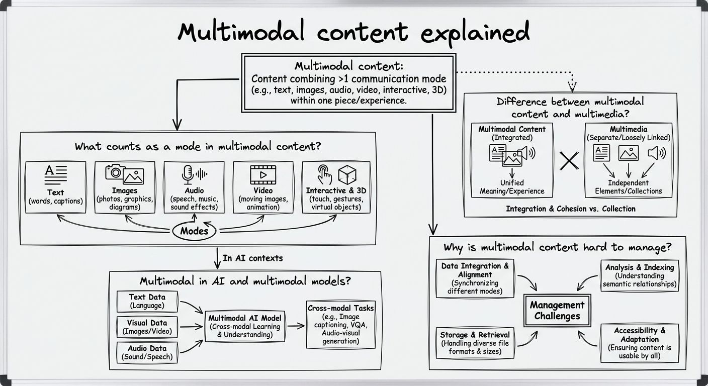 A diagram explaining Multimodal content in terms of related concepts.