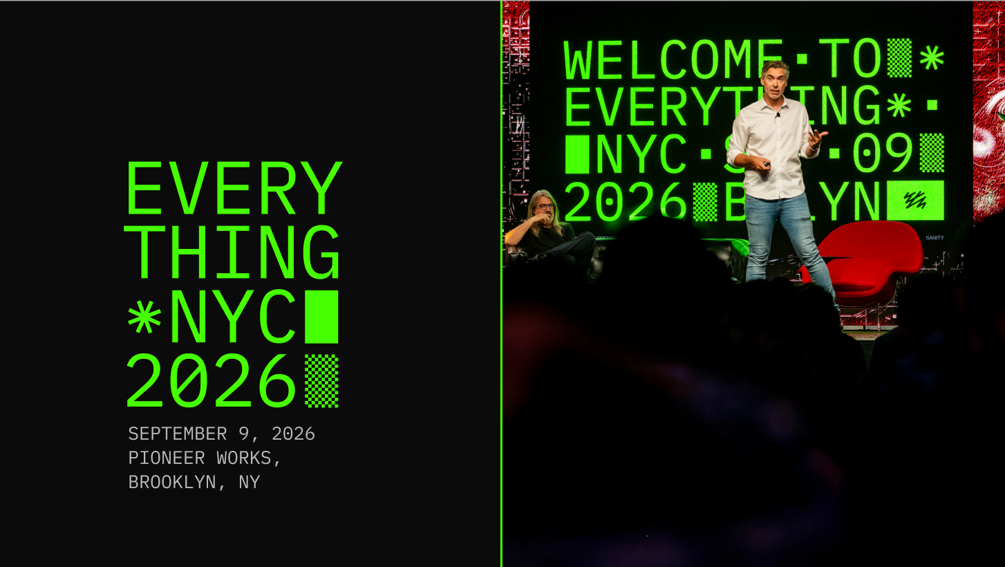 Image split: Left shows bright green text 'Everything NYC 2026, September 9, 2026, Pioneer Works, Brooklyn, NY' on black. Right shows a speaker on stage with similar green text on a screen, addressing an audience.