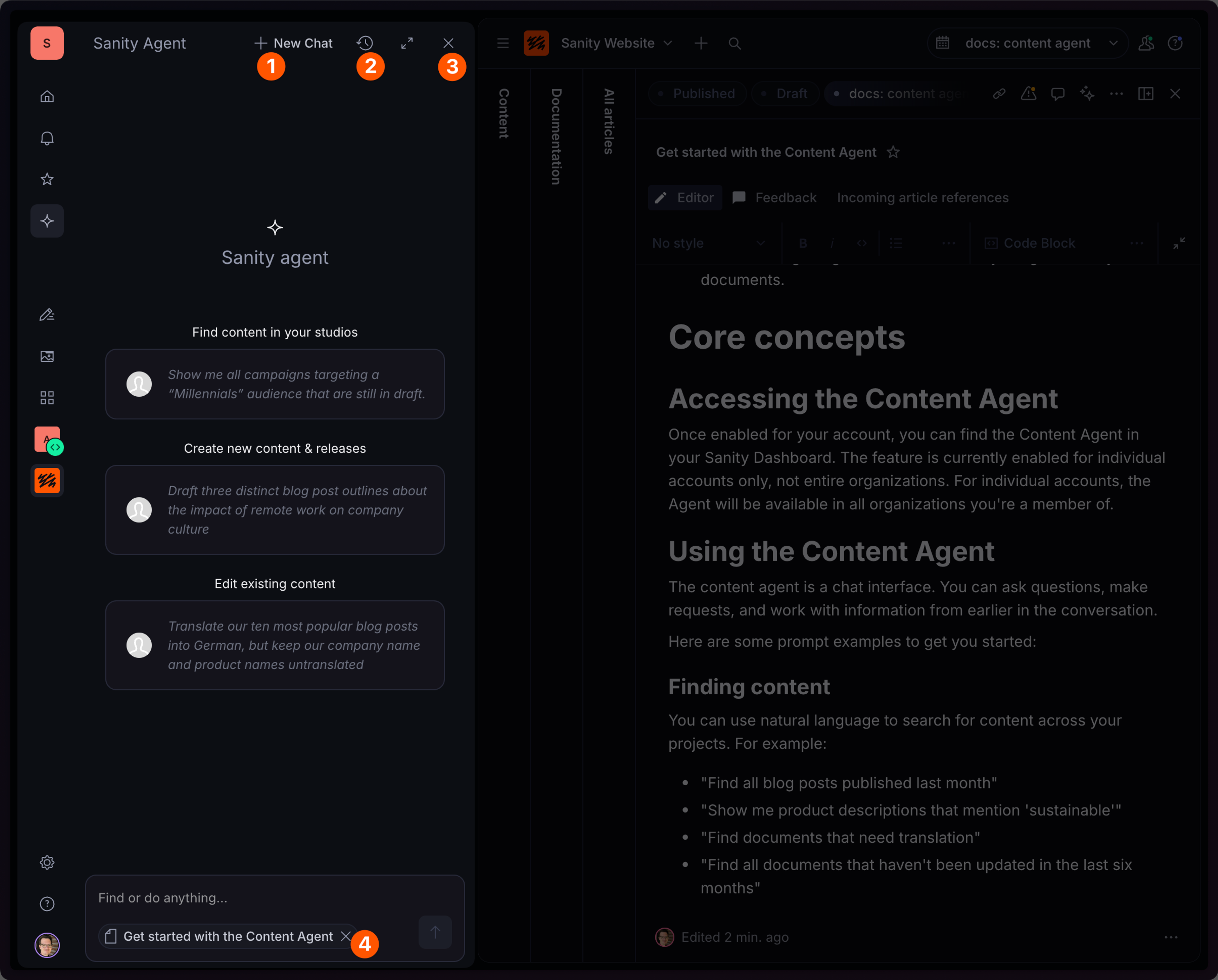 a screenshot of sanity agent showing a new chat