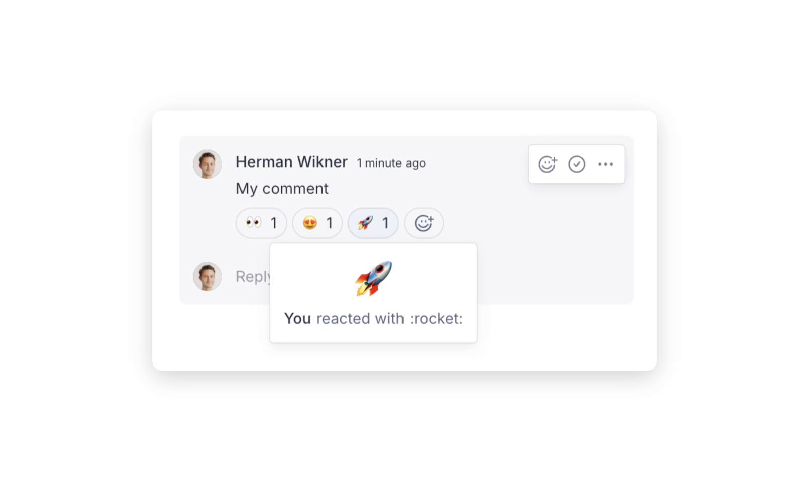 Shows a comment section in Sanity Studio with a single comment. There are emoji reactions below the comment indicating that one person found the comment surprising (with an astonished face emoji), another found it funny (with a laughing face emoji), and one reacted with a rocket emoji. Next to the emojis, there is a button with a plus sign, possibly for adding more reactions. A small pop-up message is also visible saying, "You reacted with :rocket:" accompanied by the rocket emoji. 