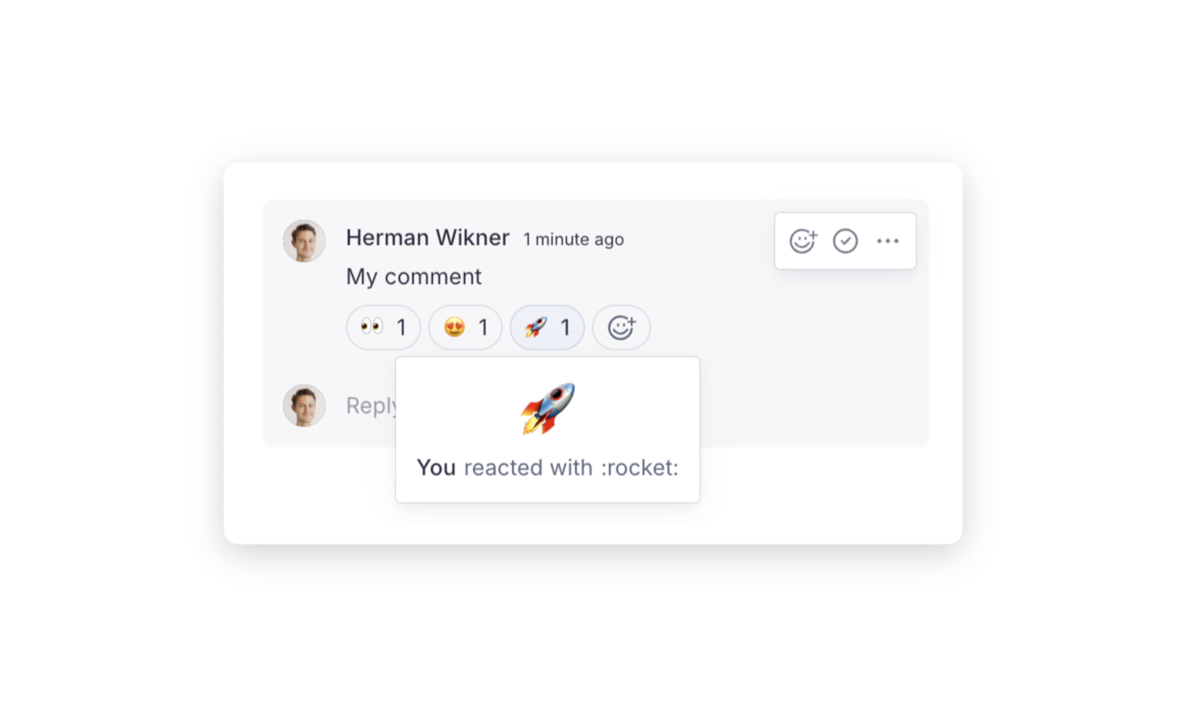 Shows a comment section in Sanity Studio with a single comment. There are emoji reactions below the comment indicating that one person found the comment surprising (with an astonished face emoji), another found it funny (with a laughing face emoji), and one reacted with a rocket emoji. Next to the emojis, there is a button with a plus sign, possibly for adding more reactions. A small pop-up message is also visible saying, "You reacted with :rocket:" accompanied by the rocket emoji.