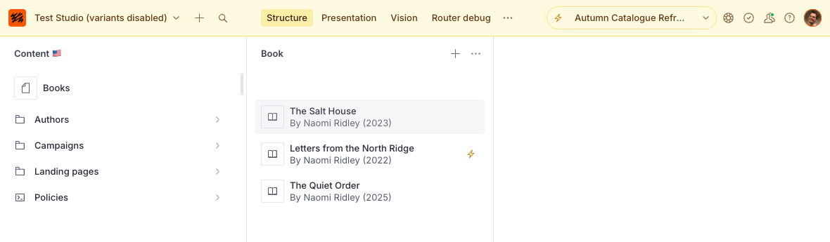 A pinned release tinting the Studio toolbar and document list, with the release name highlighted