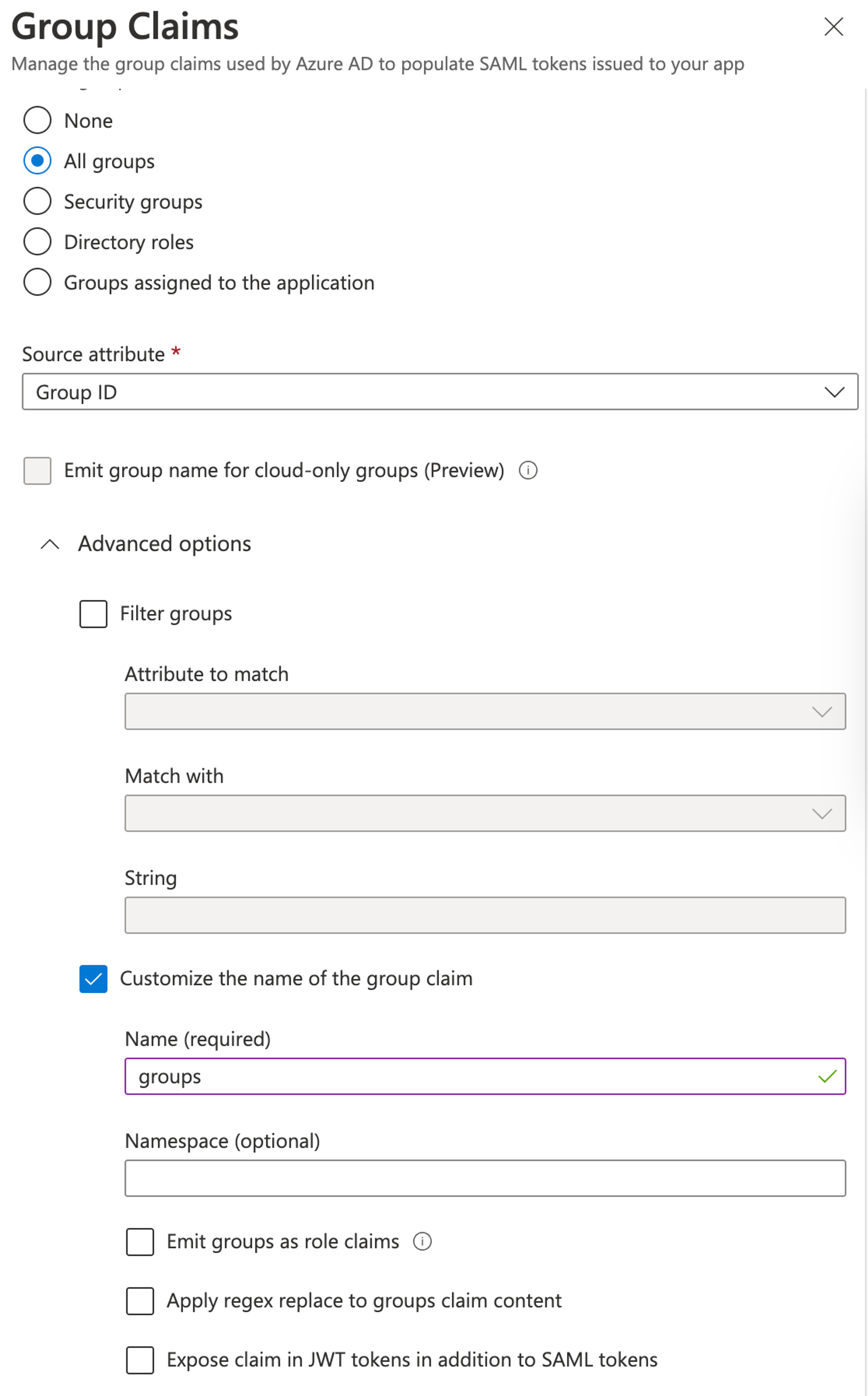 In Azure, select the groups used to populate SAML tokens issued to Sanity.