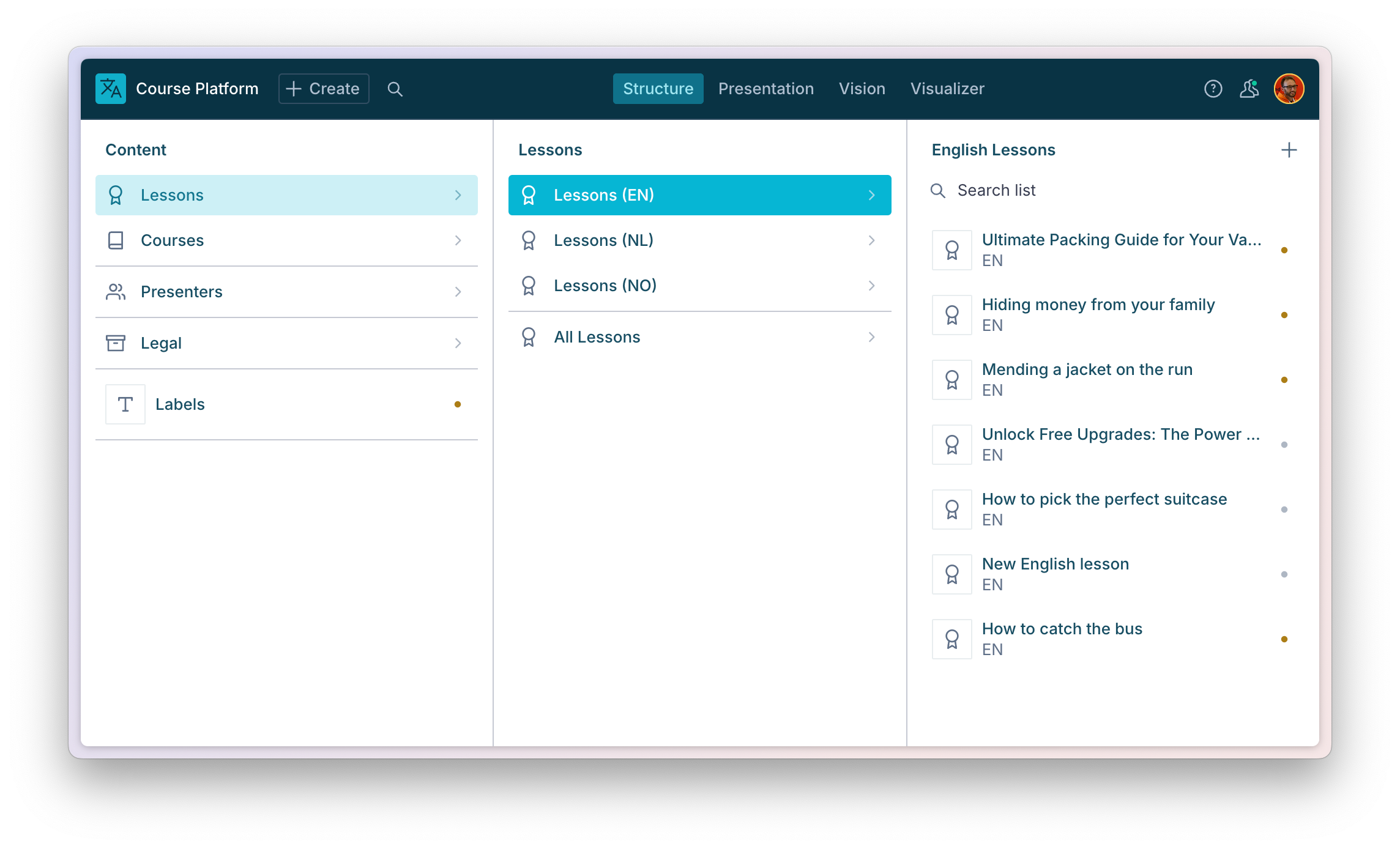 Sanity Studio Structure tool showing dividers and nested lists