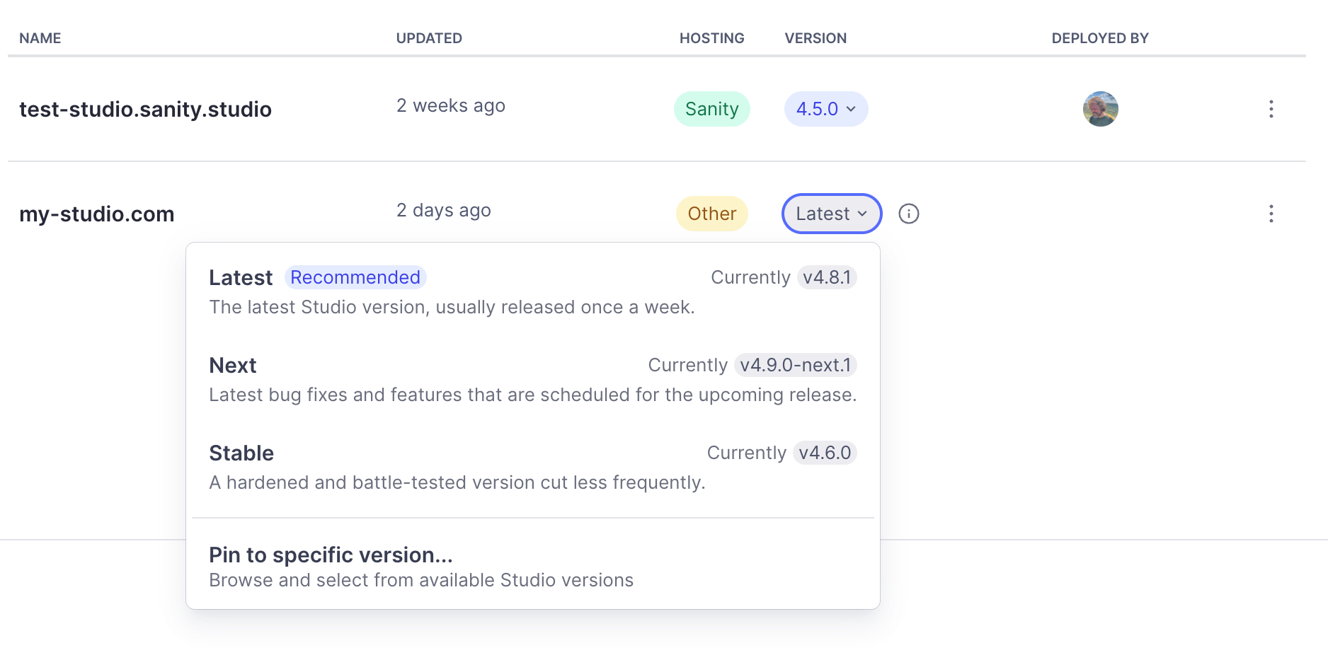 A screenshot of the auto-update channel and version selection UI in sanity.io/manage