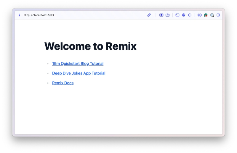 Screenshot of a web page with the title ‘Welcome to Remix’ in bold text. Below are three clickable links labeled ‘15m Quickstart Blog Tutorial,’ ‘Deep Dive Jokes App Tutorial,’ and ‘Remix Docs.’ The page has a clean and minimalist design.