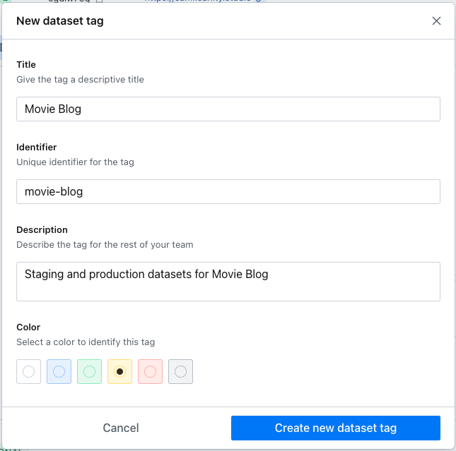 Shows setup dialog for new dataset tag