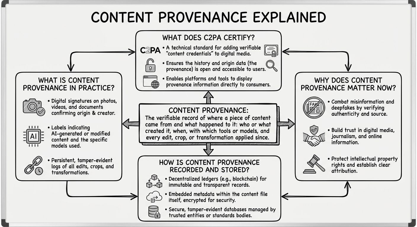 A diagram explaining Content provenance in terms of related concepts.