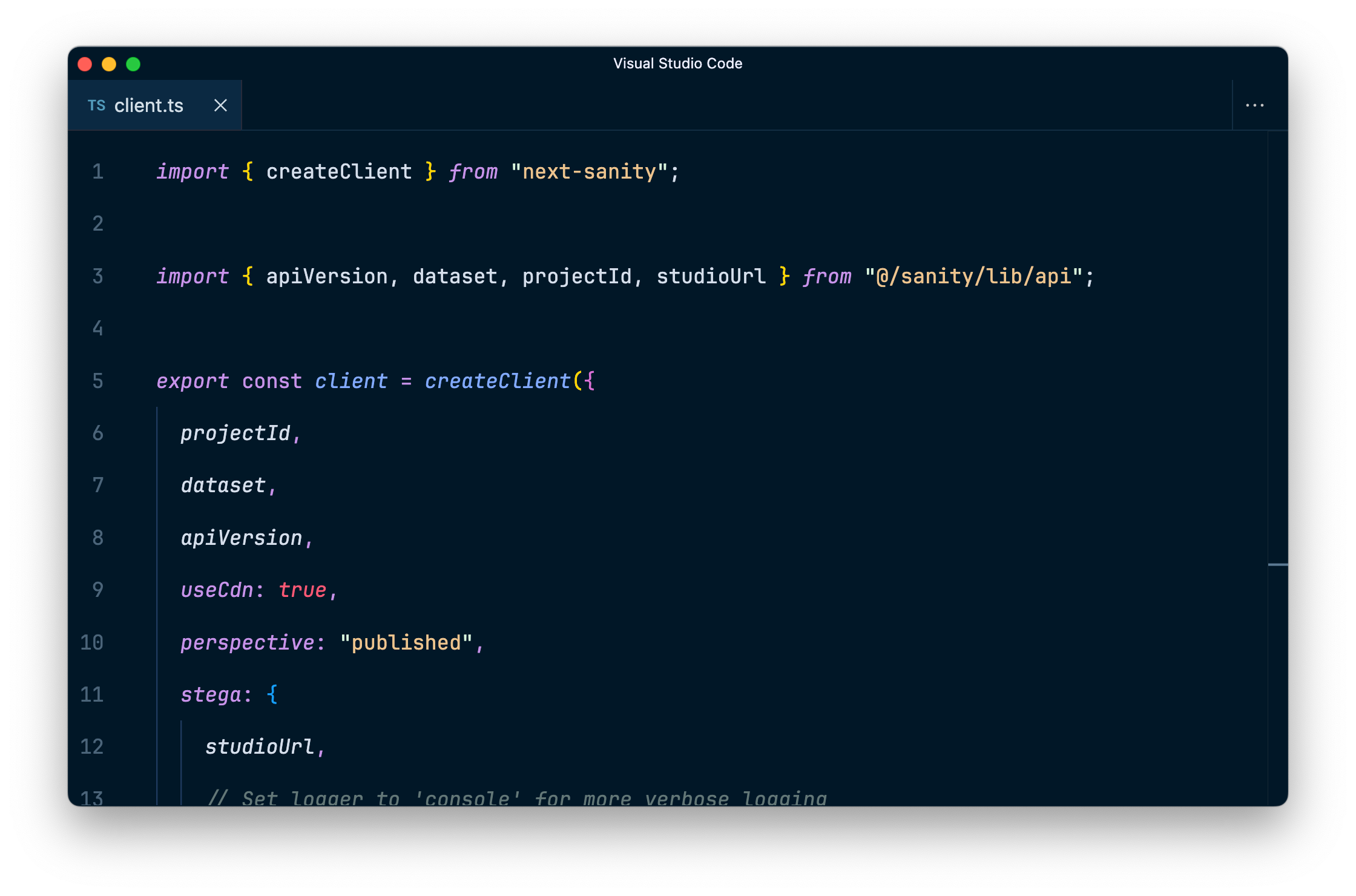 Code showing configuration of Sanity Client