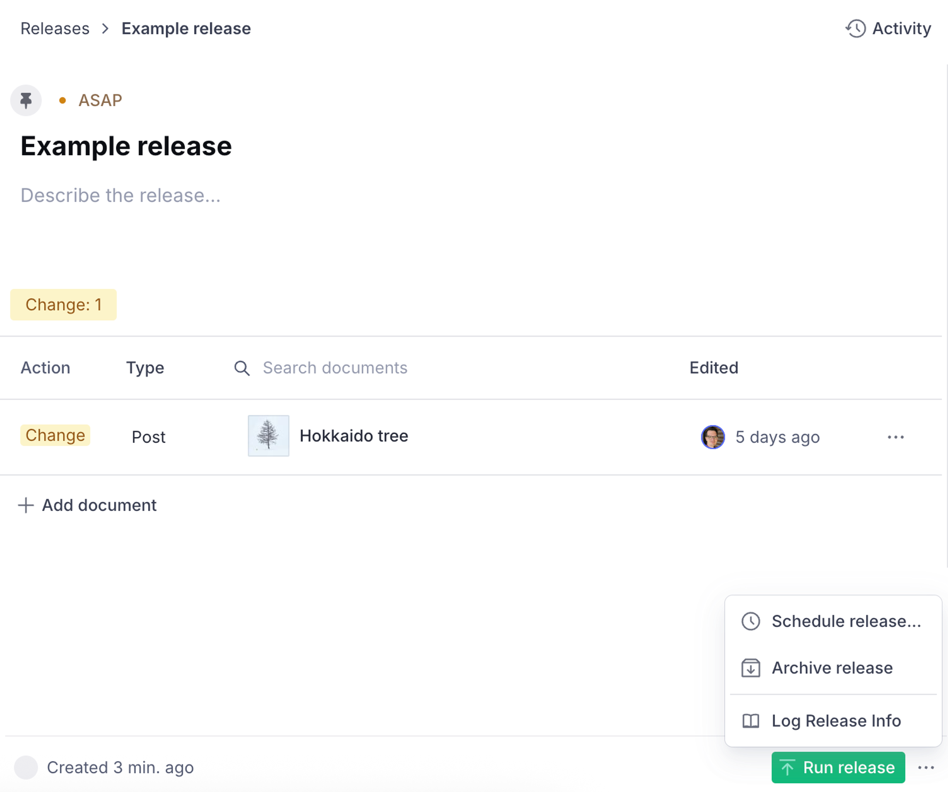 The release action appears in the actions menu