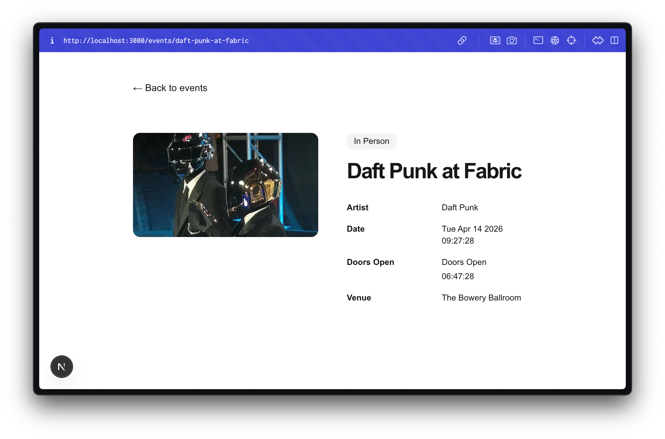 Artist page with a photo rendered