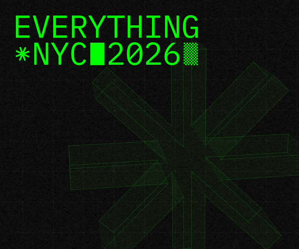 Green pixelated text "EVERYTHING *NYC█2026█" on a dark background, with a translucent green star graphic below.
