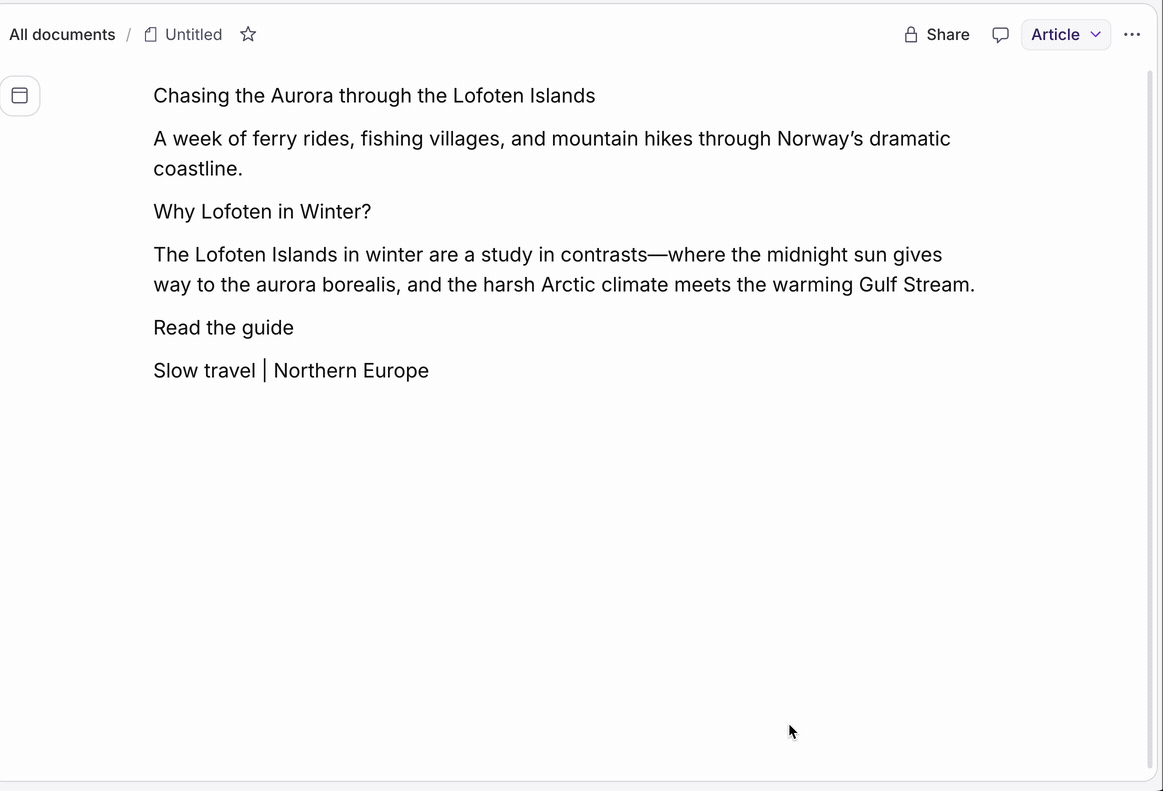 A document editor displaying an article titled 'Chasing the Aurora through the Lofoten Islands' about winter travel in Norway.