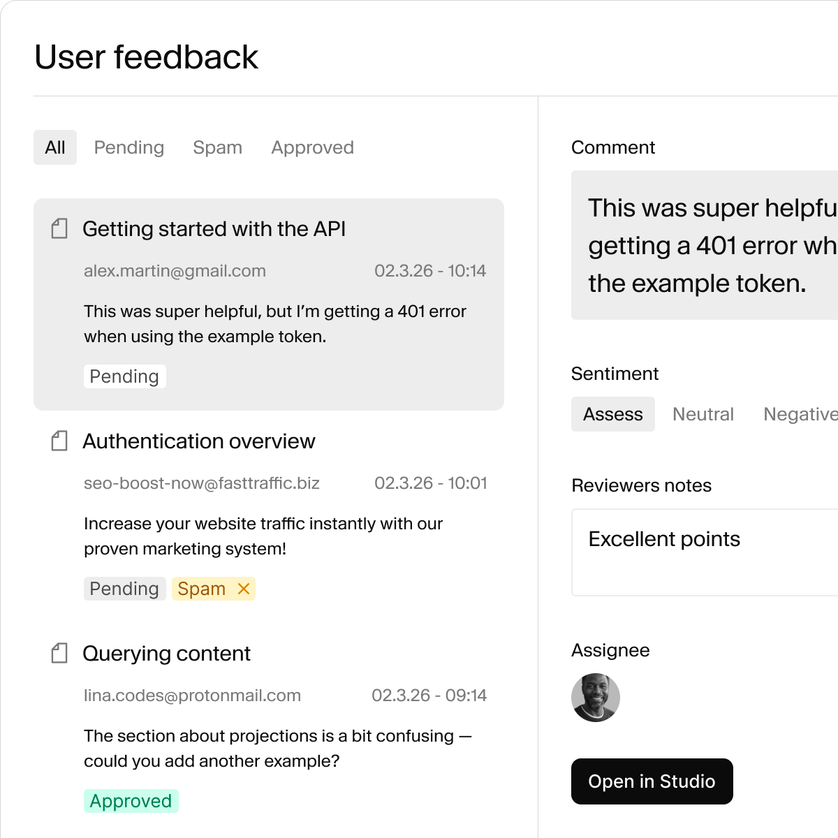 A user feedback management interface showing a list of feedback items and detailed information for a selected pending item.