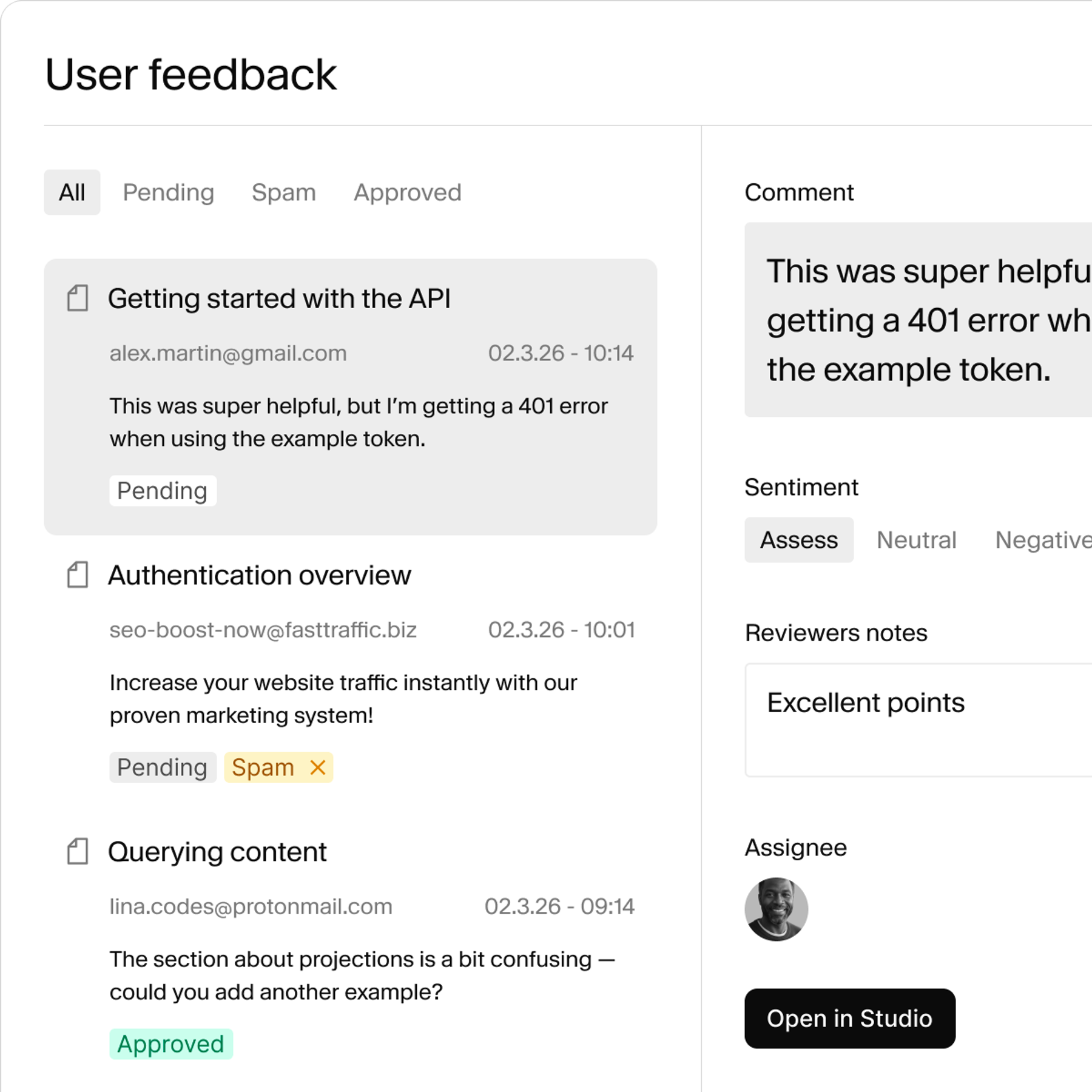 A user feedback management interface showing a list of feedback items and detailed information for a selected pending item.