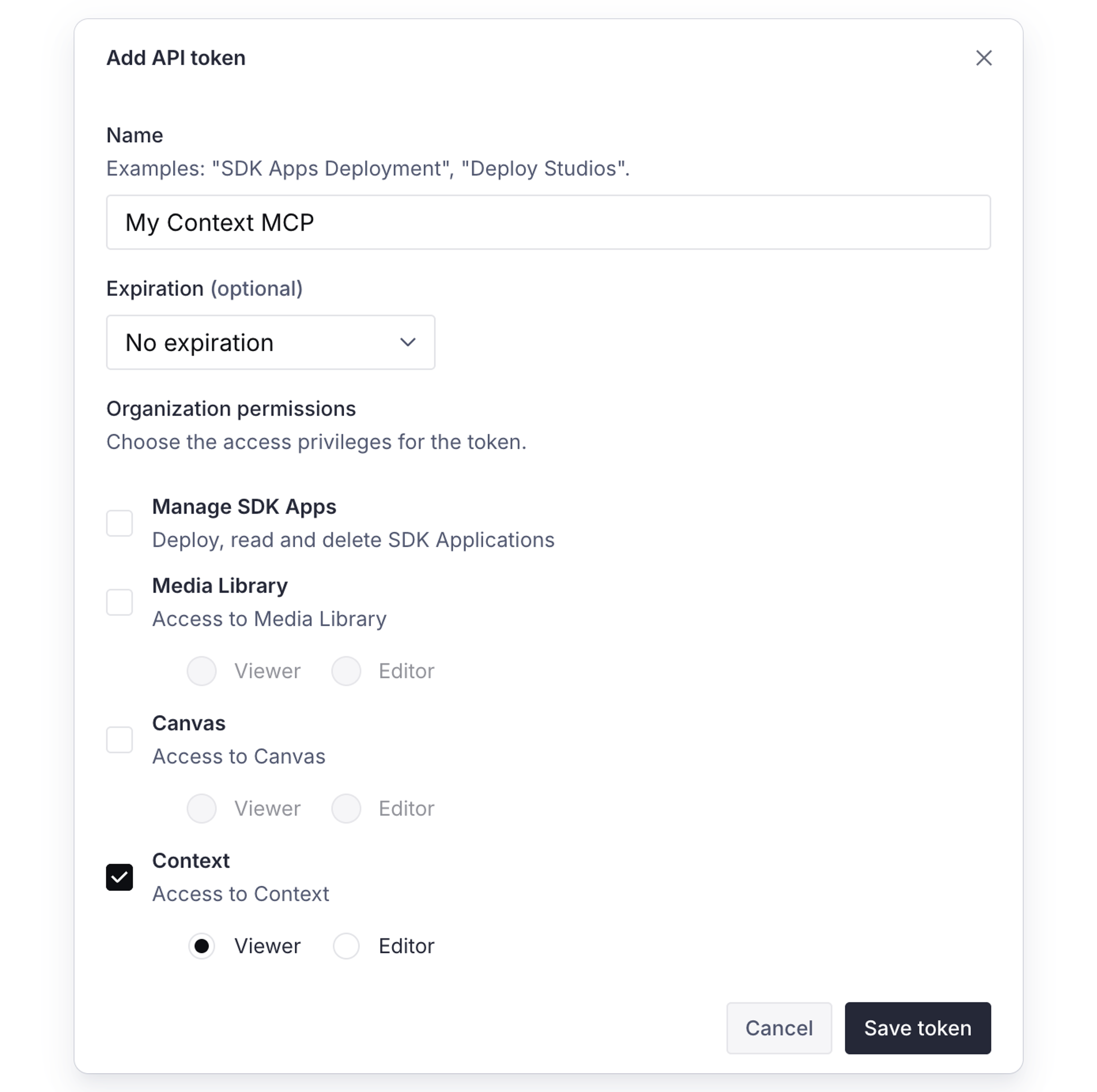 The Add API token dialog in Manage, with Context checked under Organization permissions and the Viewer access level selected.