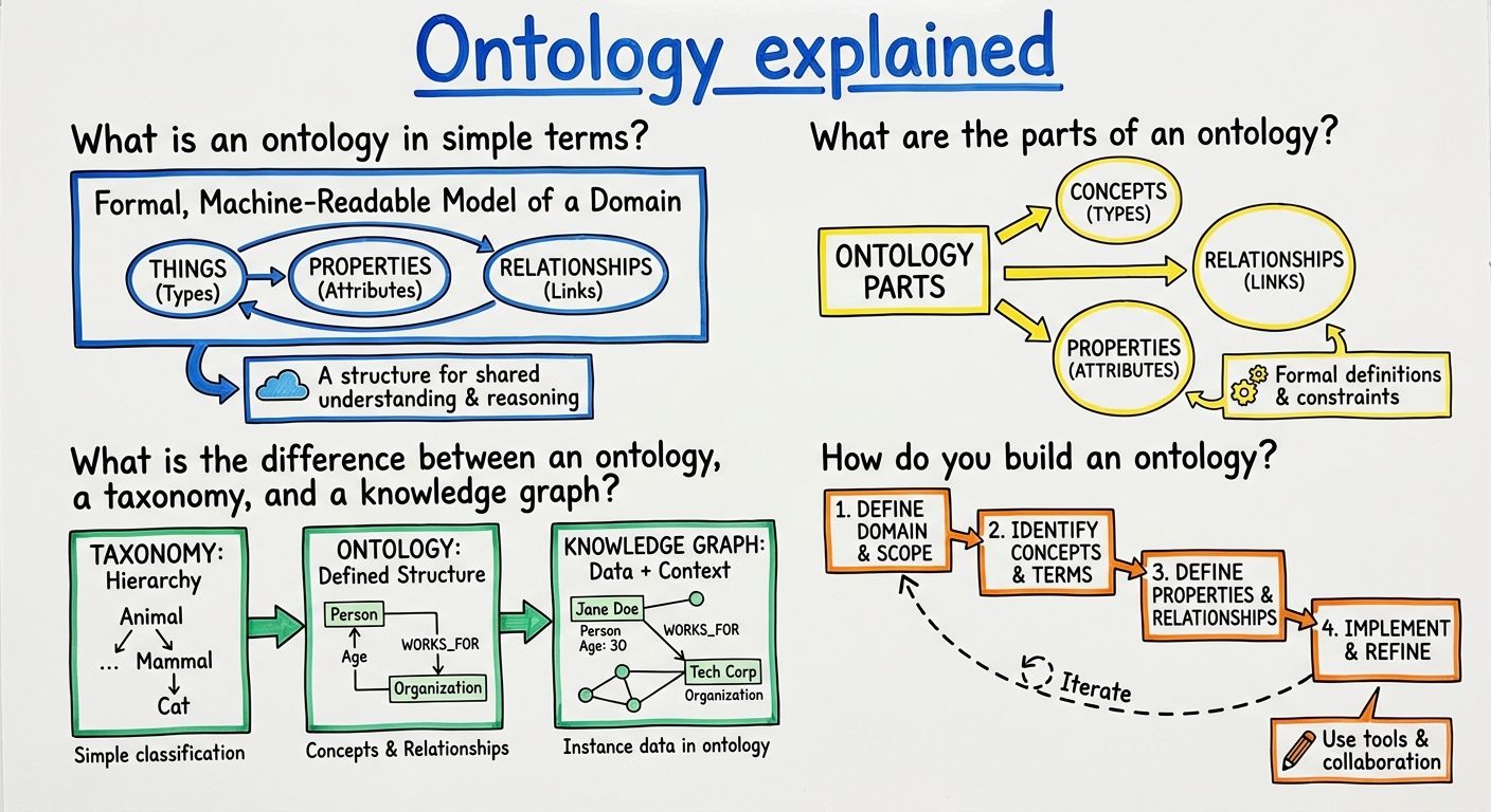 A diagram explaining Ontology in terms of related concepts.