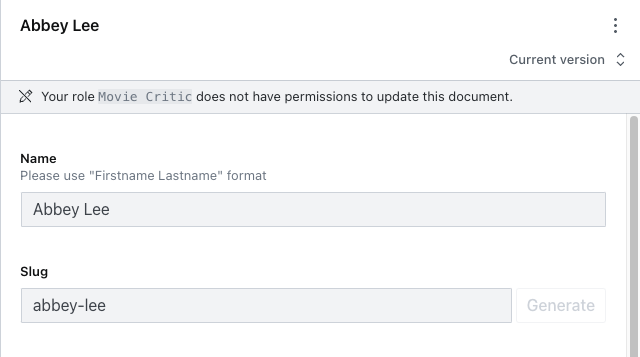 Shows a notification stating that current user does not have permissions to update document