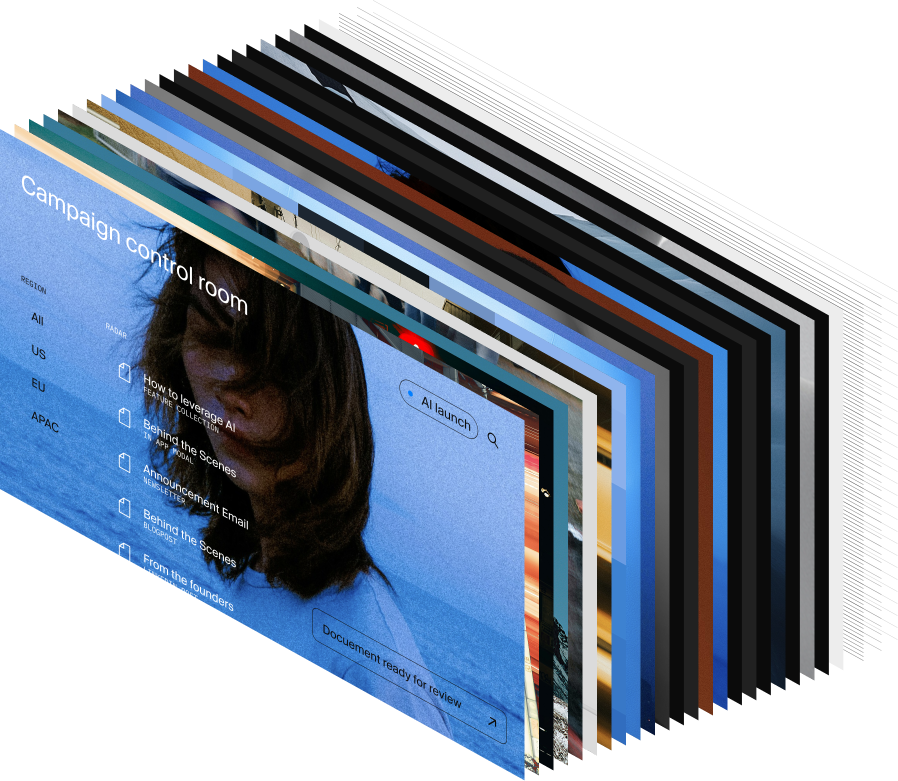 A fanned stack of multiple digital screens, the front one displaying a "Campaign control room" interface on a blue background.