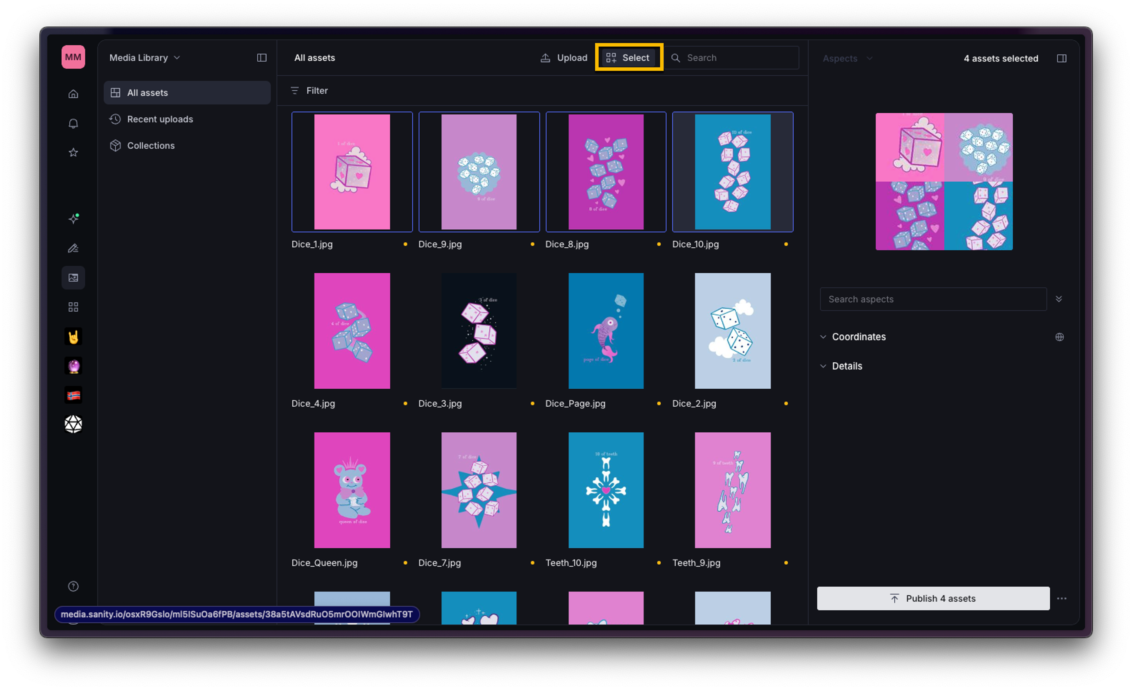 A dark-themed media library interface displaying a grid of pink, purple, and blue image thumbnails, with the "Select" button highlighted and "4 assets selected" visible.