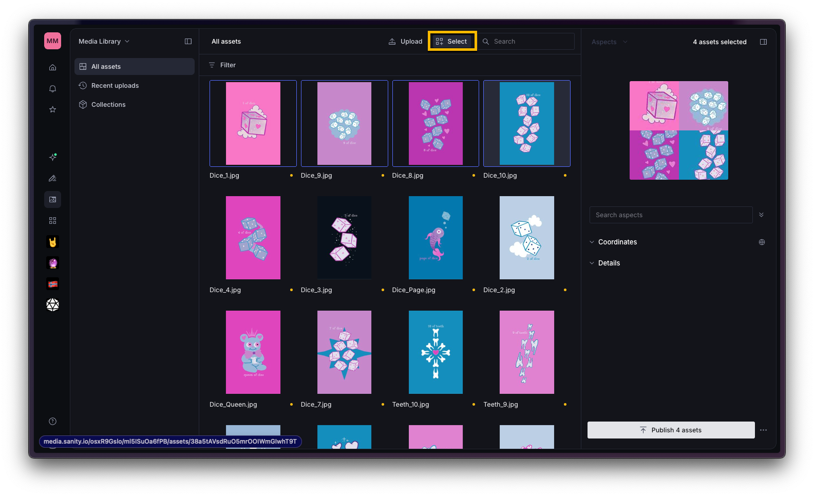 A dark-themed media library interface displaying a grid of pink, purple, and blue image thumbnails, with the "Select" button highlighted and "4 assets selected" visible.