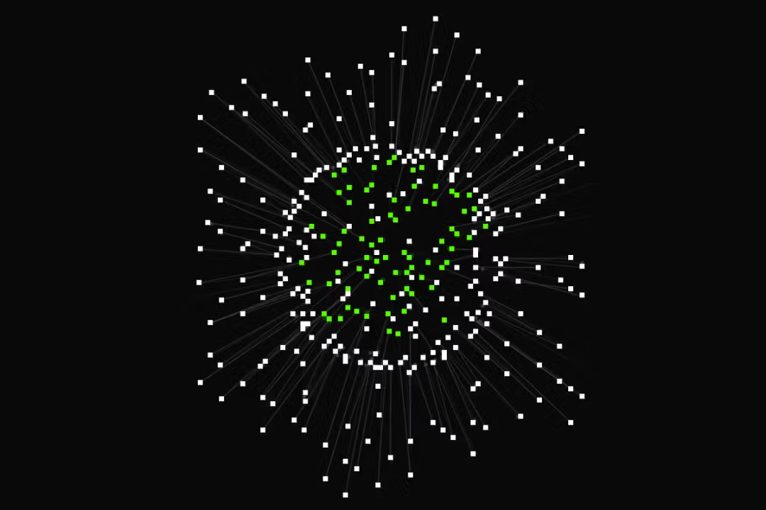 Abstract image of a central cluster of green and white squares, with white squares radiating outwards on lines against a black background.