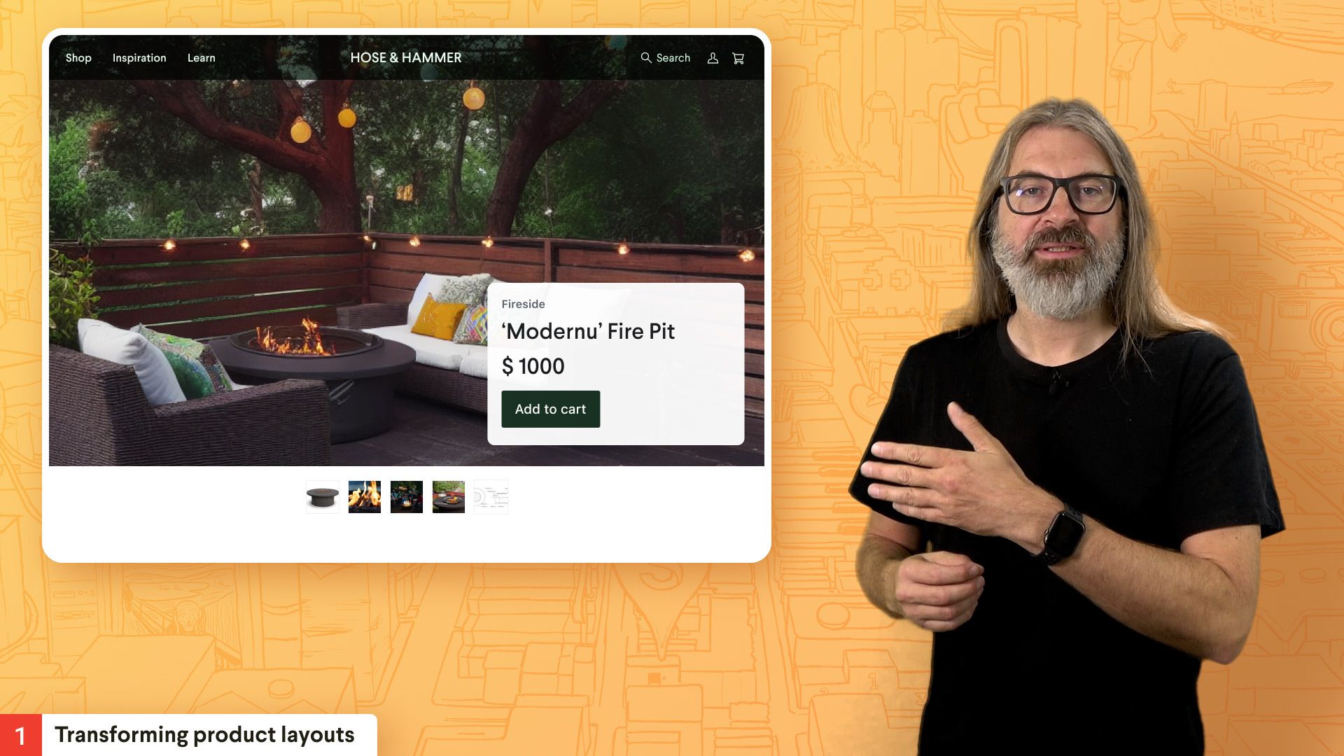 Ecommerce product page showing a firepit in use.