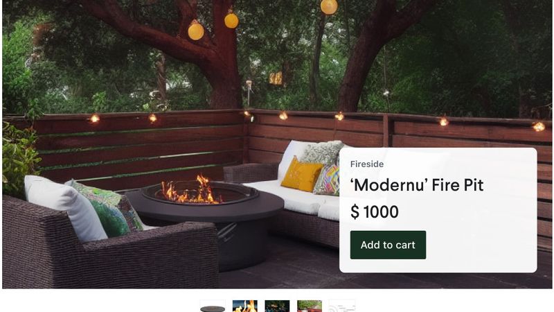 Ecommerce product page showing a firepit in use.
