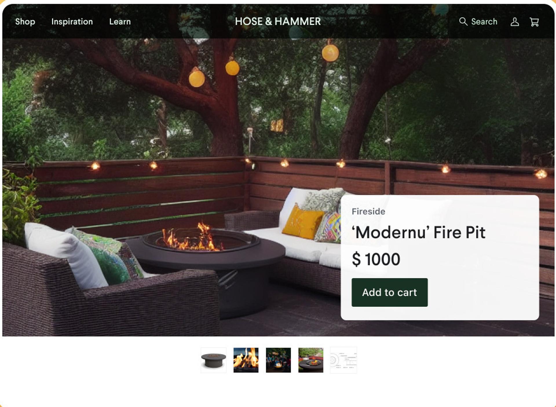 Ecommerce product page showing a firepit in use.