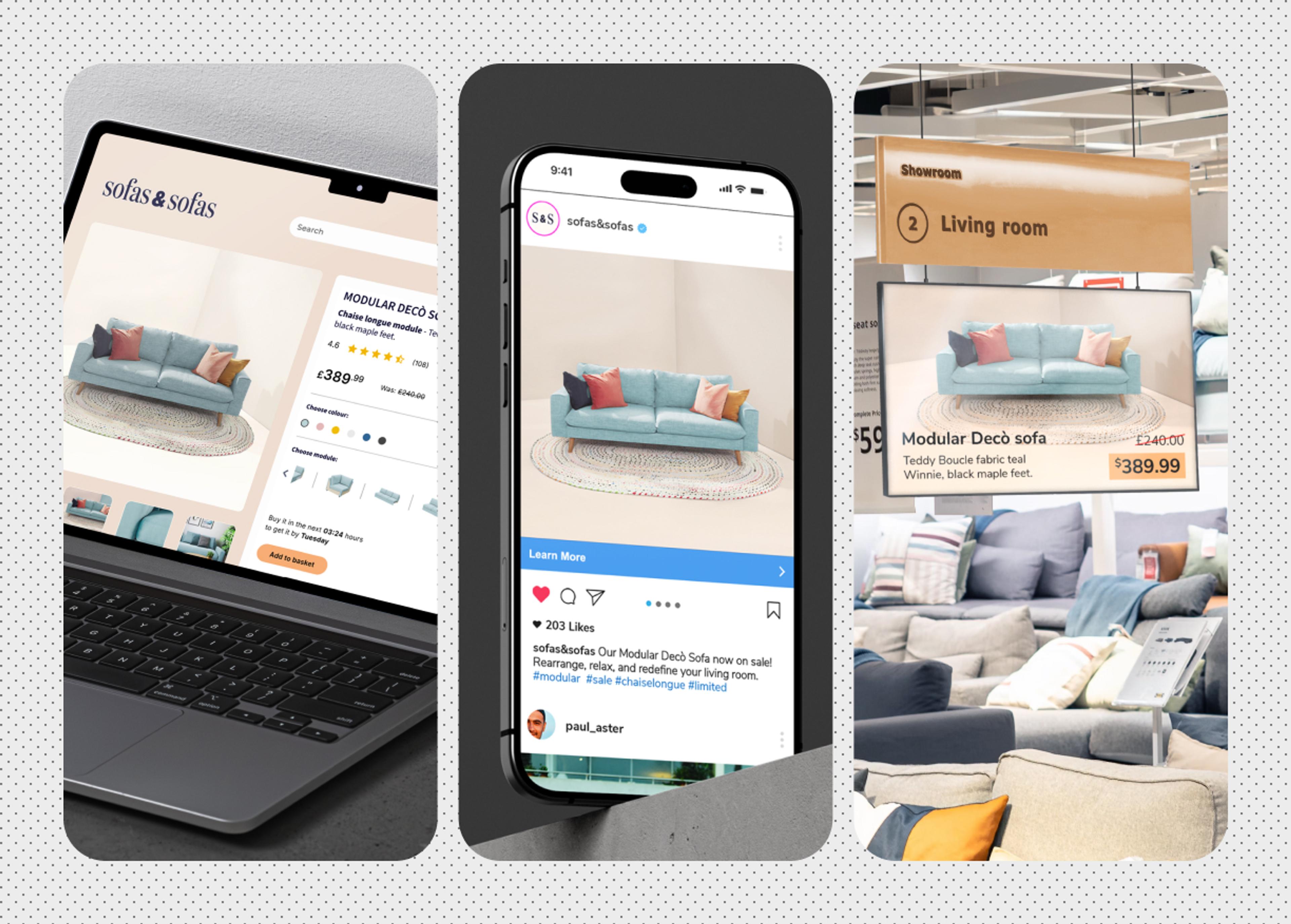 a collage of three pictures of a couch , a laptop , and a cell phone .