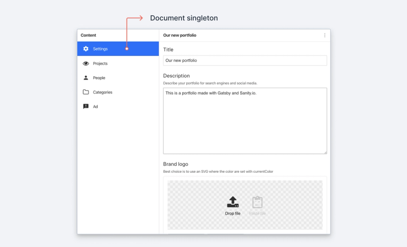 Screenshot of a document singleton in Sanity Studio