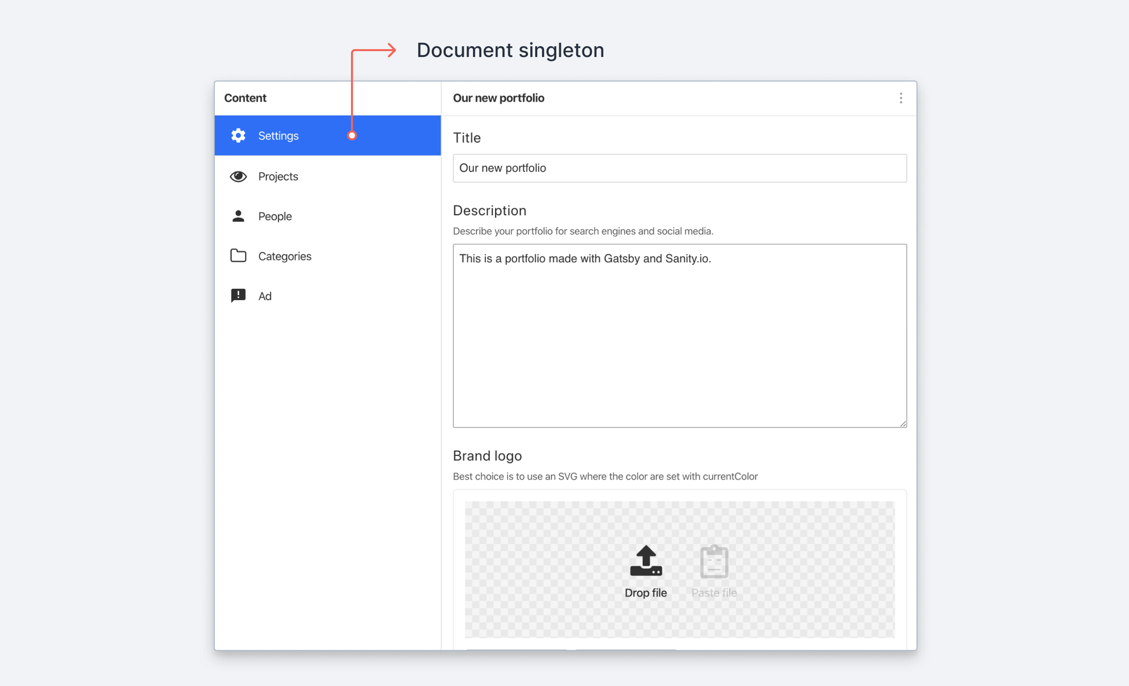 Screenshot of a document singleton in Sanity Studio