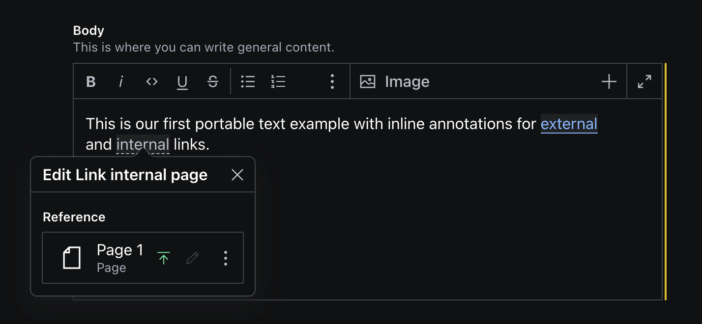 Screenshot showing a pte. The edit modal for an internal link annotation is opened, which exposes the reference (to a page doc) field defined in the schema