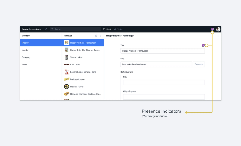 Two Presence location indicators. One in the navigation bar showing another editor is present in the Studio. The other showing that someone is currently editing the Title of this document.