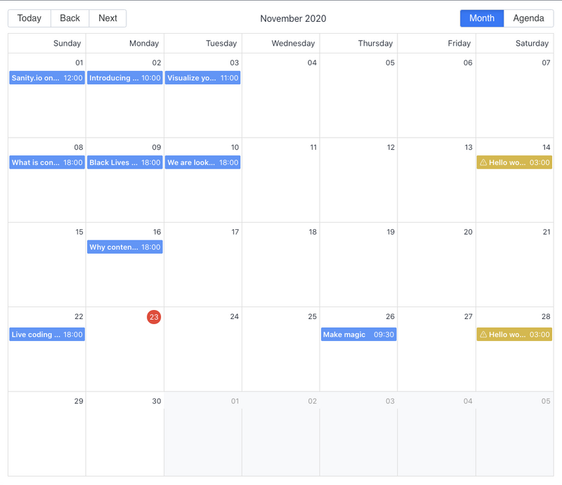 A full-month calendar view, showing scheduled posts and posts with warnings