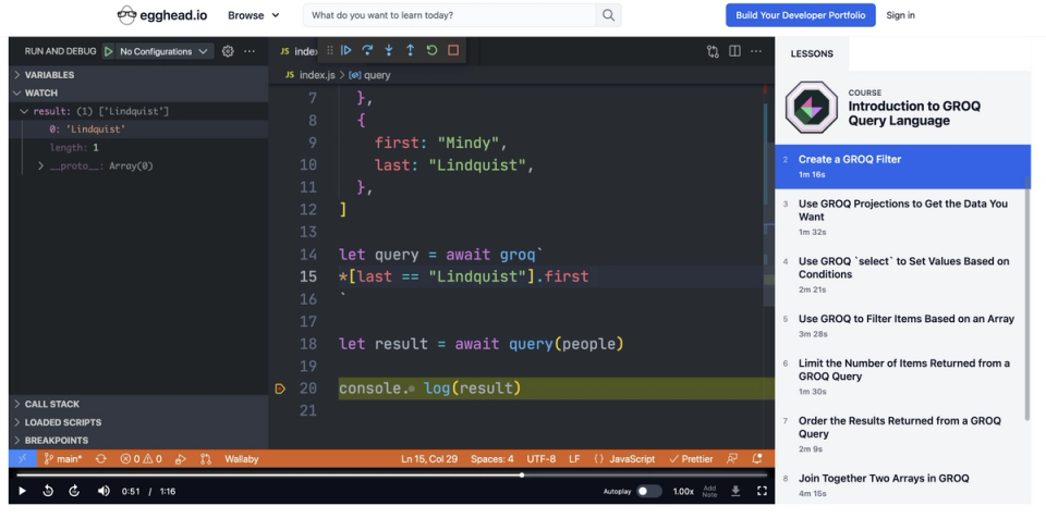 A screenshot showing the code from egghead.io with GROQ and the playlist to the rigth