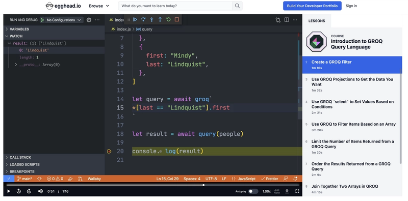 A screenshot showing the code from egghead.io with GROQ and the playlist to the rigth