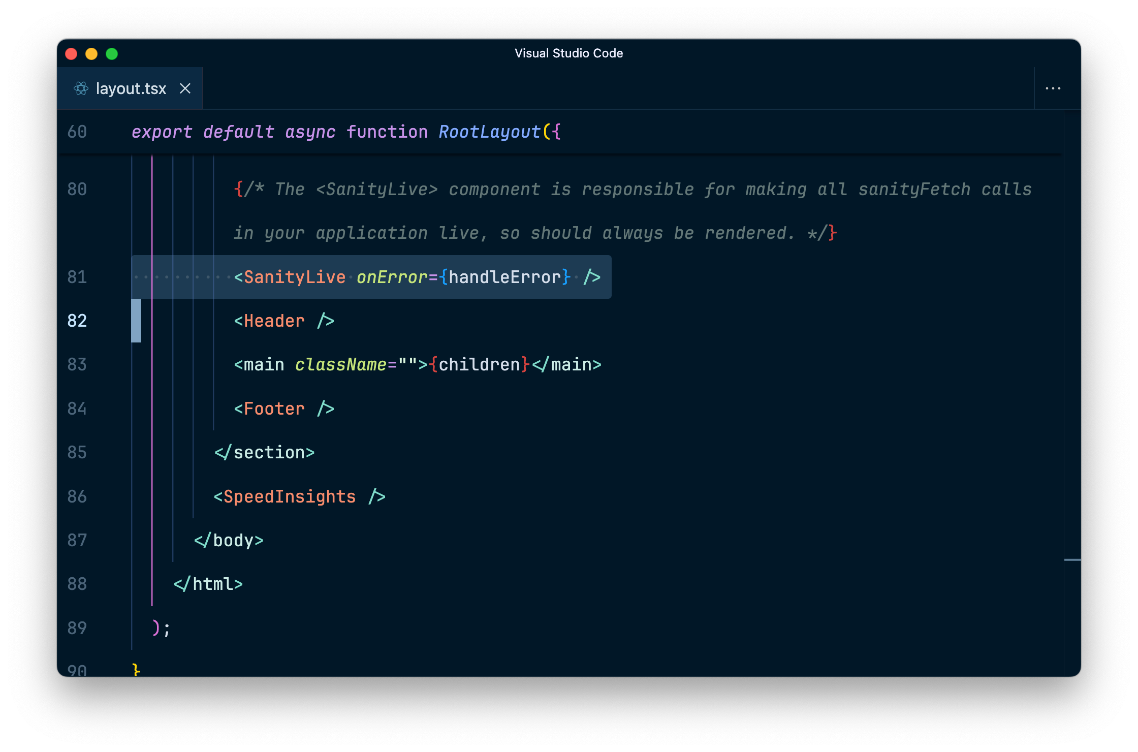 Code highlighting a SanityLive component