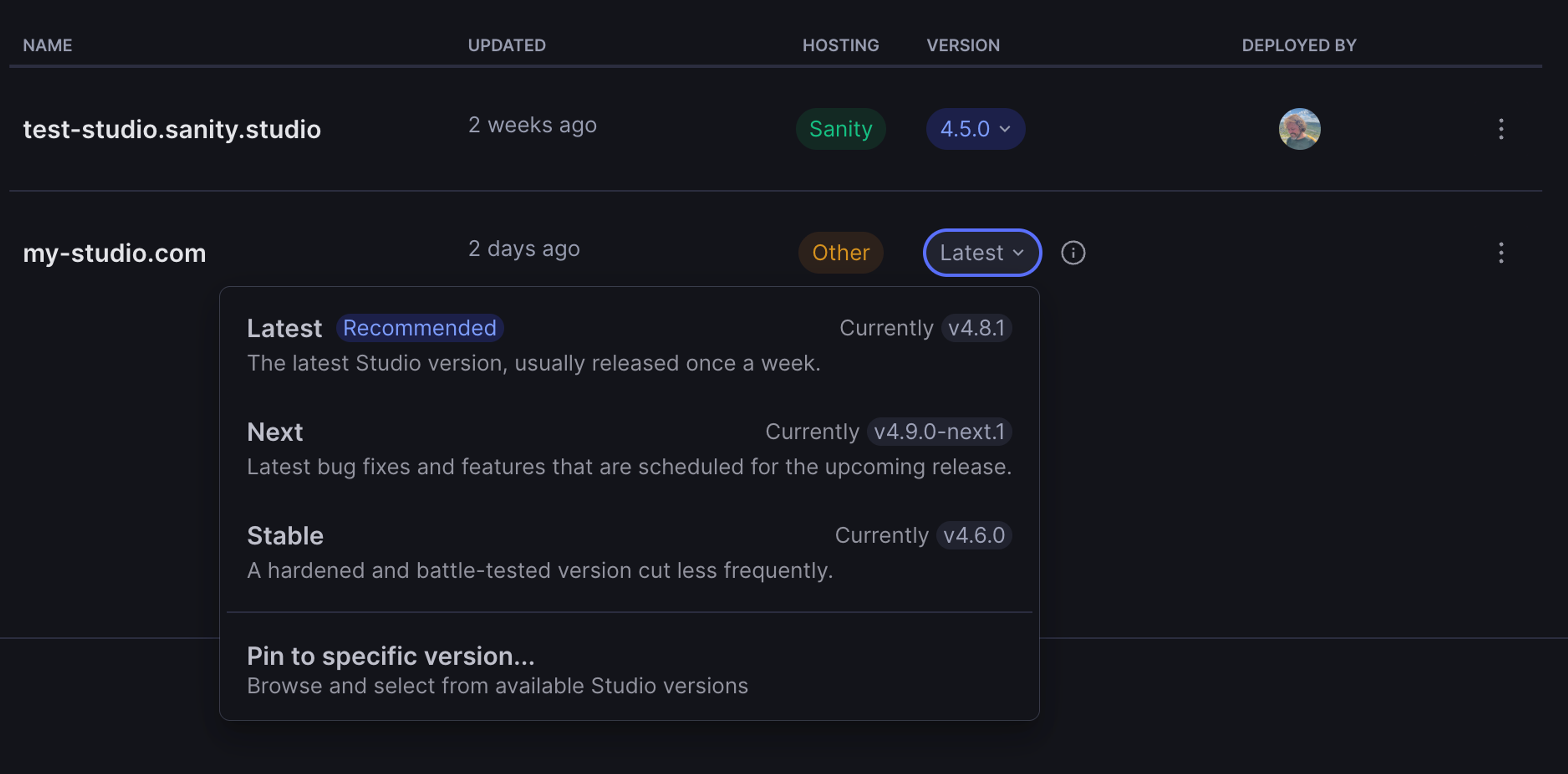 A screenshot of auto update channel/version selection UI in sanity.io/manage