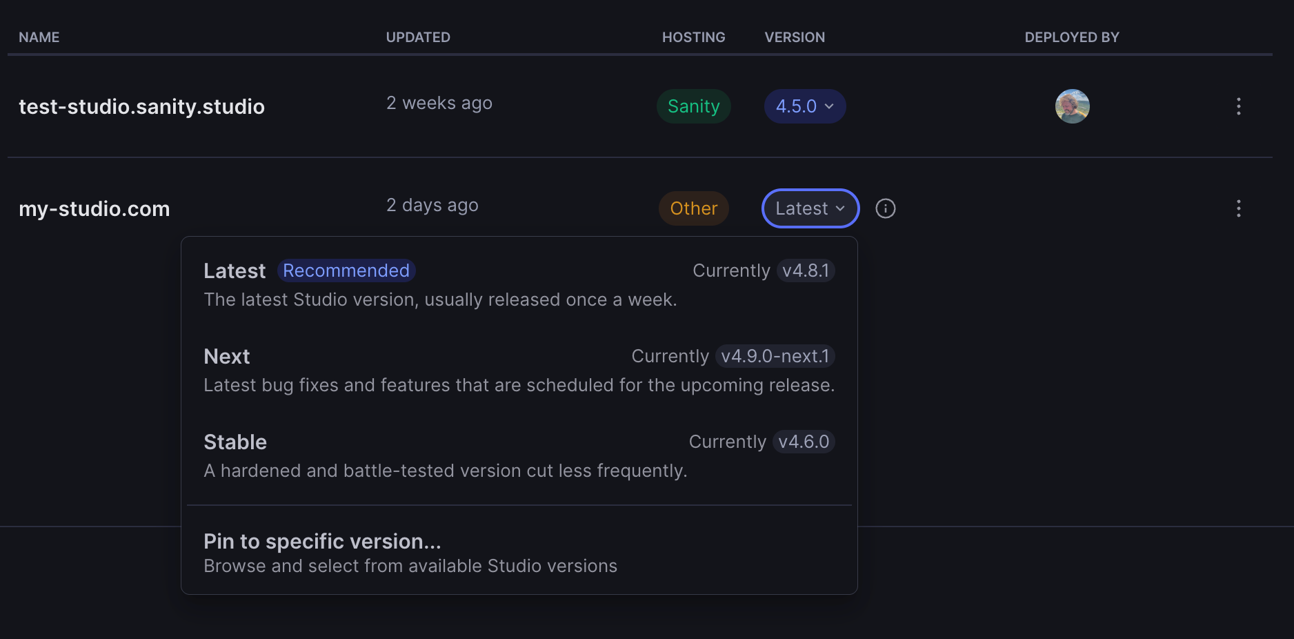 A screenshot of the auto-update channel and version selection UI in sanity.io/manage