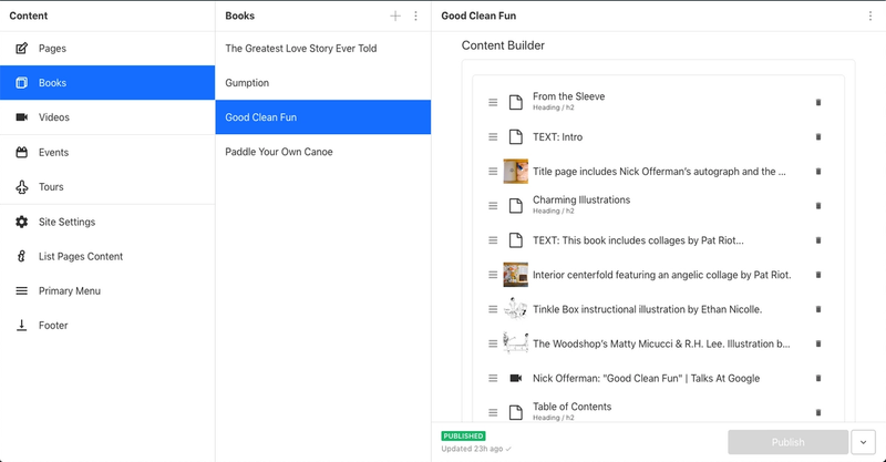 Nick Offermann’s Sanity Studio showing content builder for books