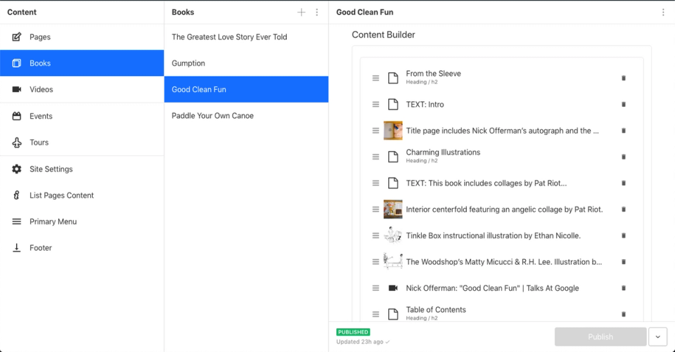 Nick Offermann’s Sanity Studio showing content builder for books Nick Offermann’s Sanity Studio showing content builder for books