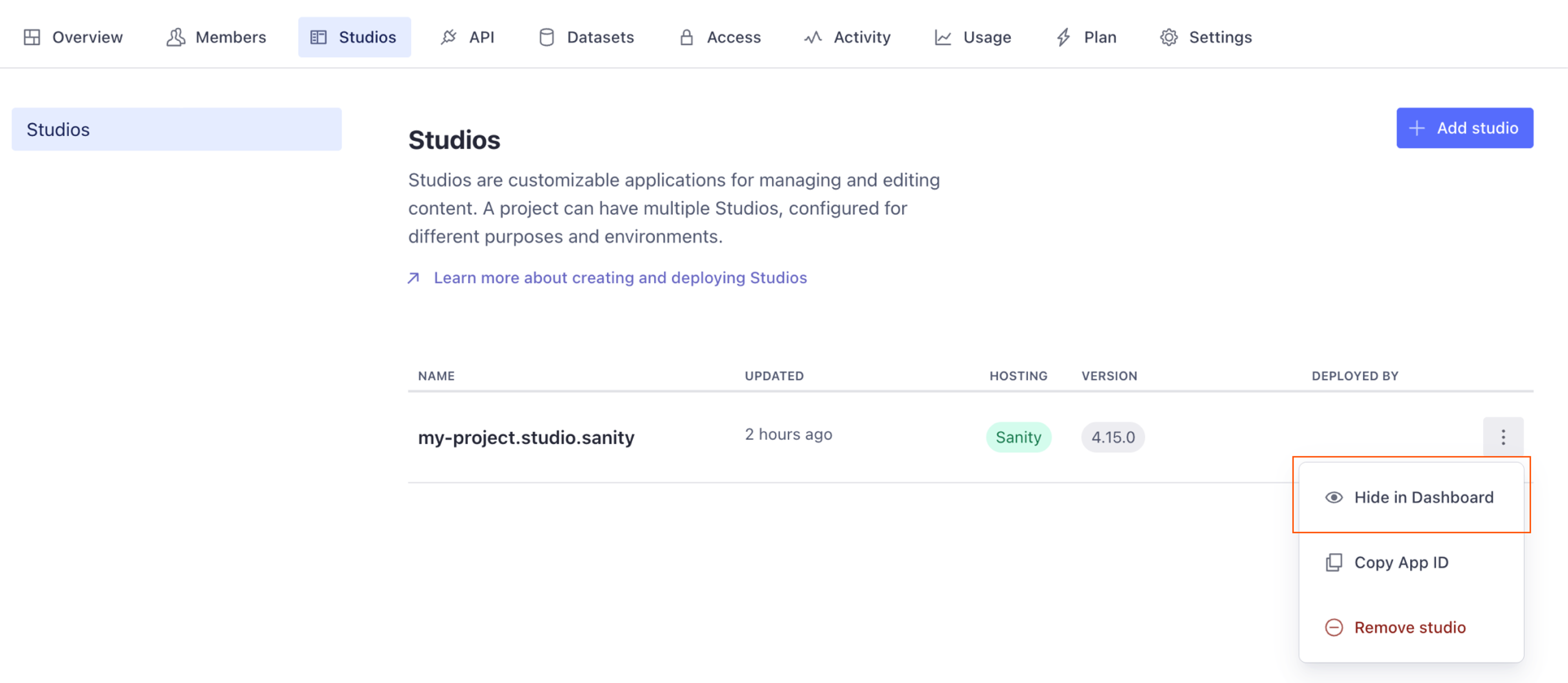 Screenshot of the studios settings in Manage