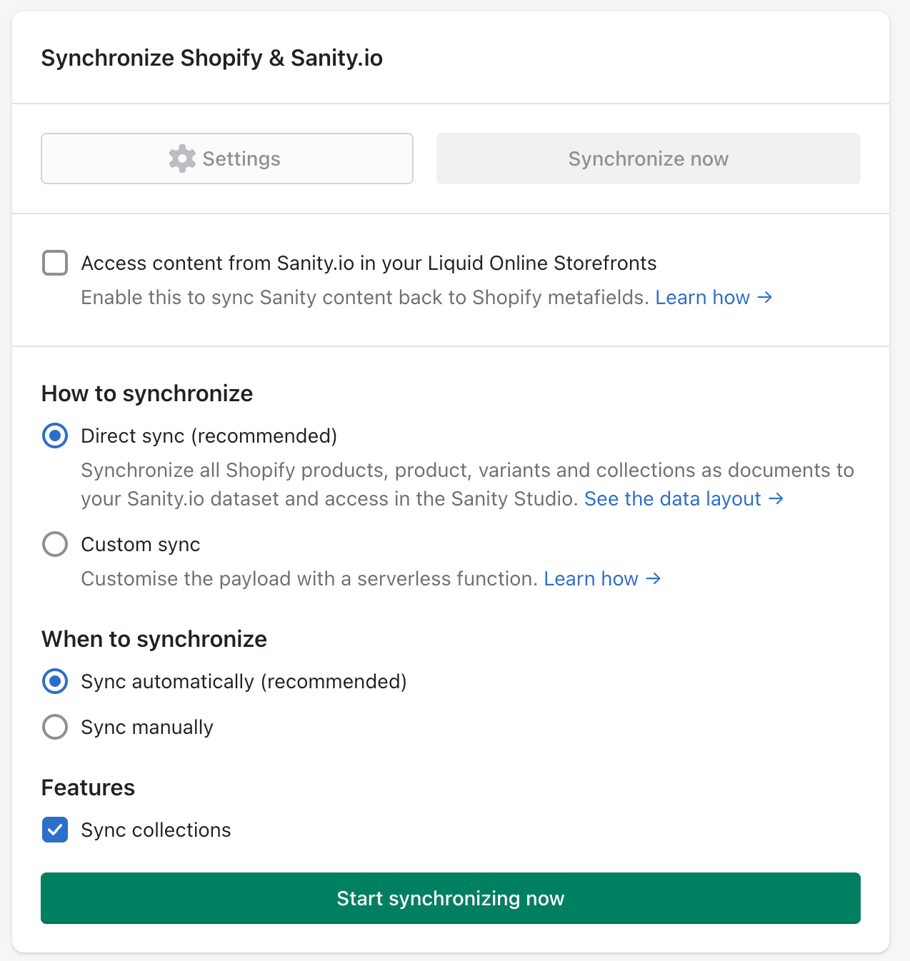 Settings panel showing synchronization options during initial setup
