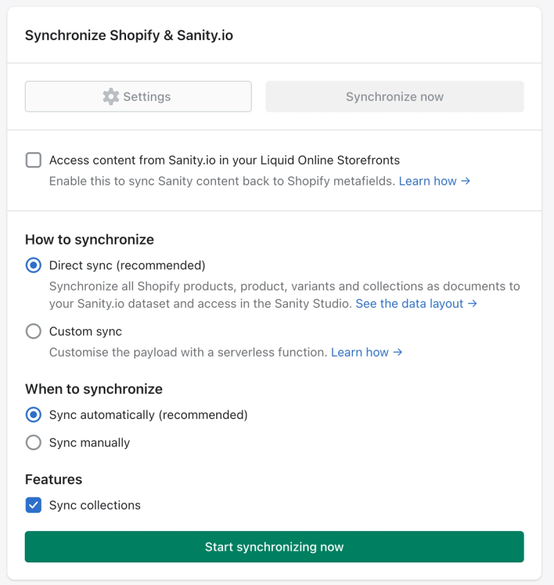 Settings panel with synchronization settings