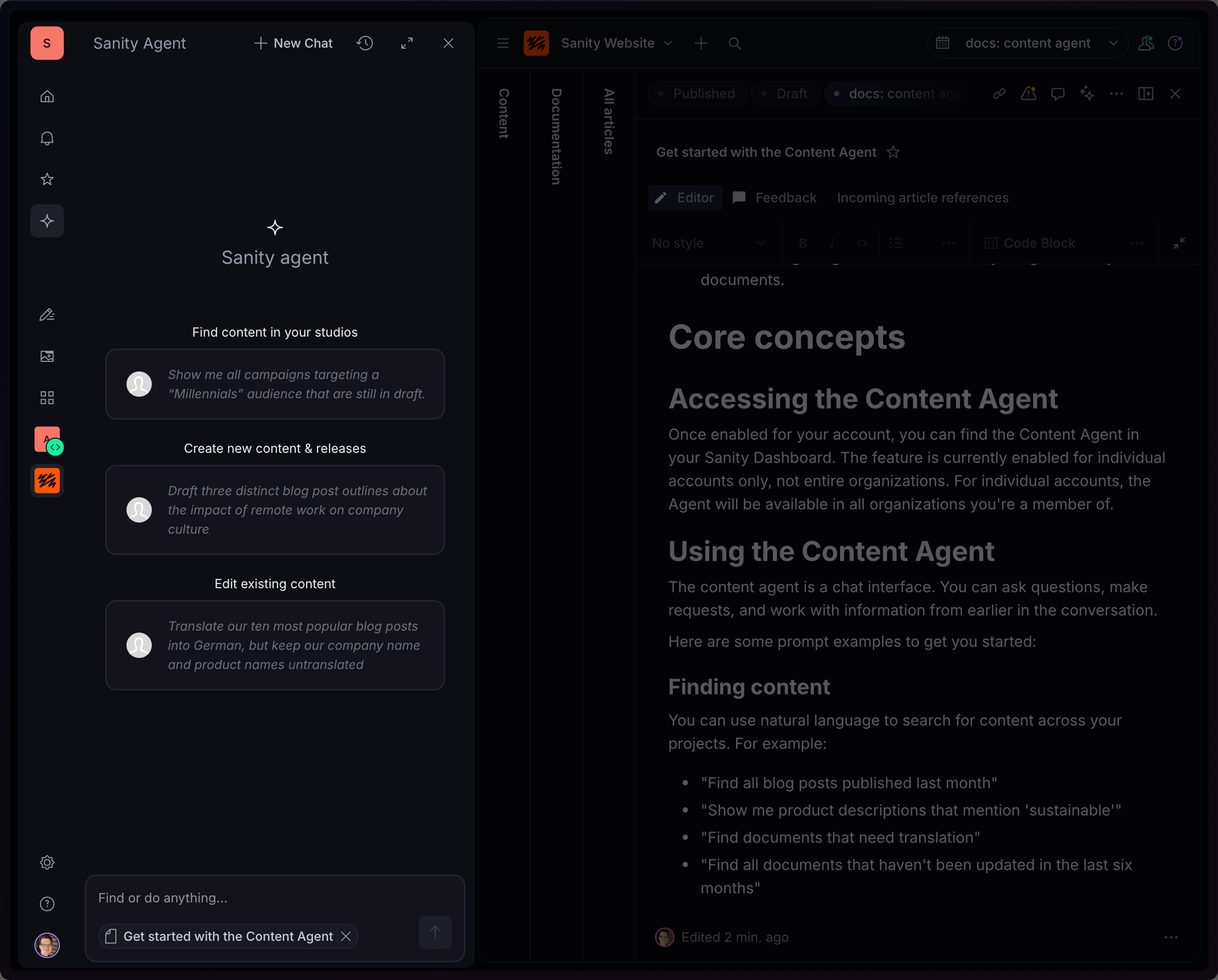 a screenshot of sanity agent interface
