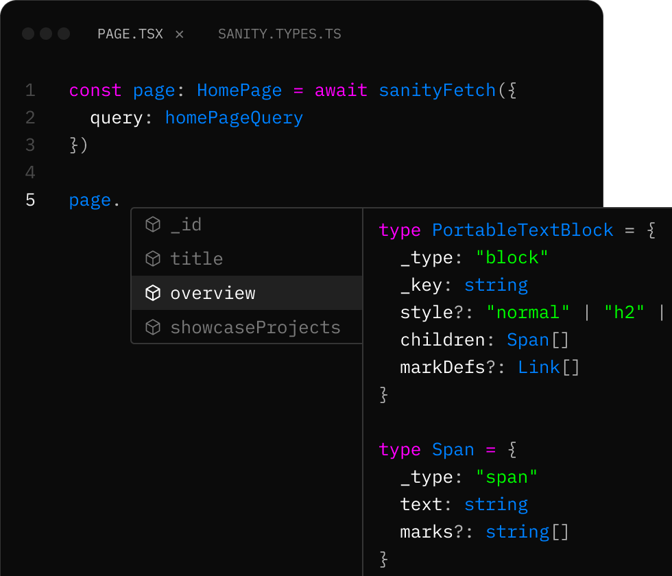 A code editor displaying TypeScript code, an autocomplete menu suggesting 'overview' for 'page.', and a type definition tooltip for 'PortableTextBlock'.